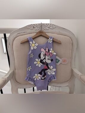 🤍 6~12 Mth Disney Minnie Mouse Lavender & Daisies One-Piece Ruffle Swimsuit NWT